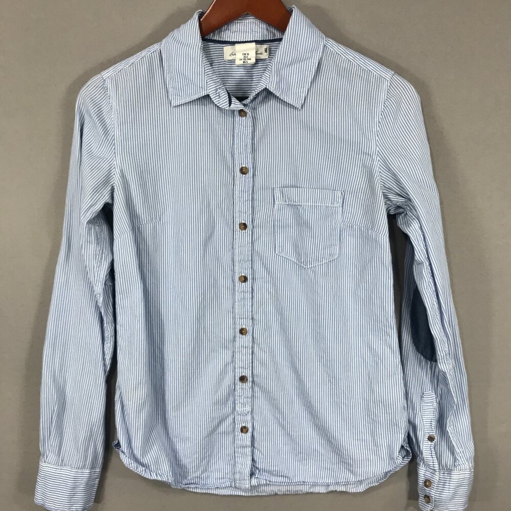 L.O.G.G. H&M Shirt Womens Sz 6 Blue White Striped Button Up L/S w/ Elbow Patches